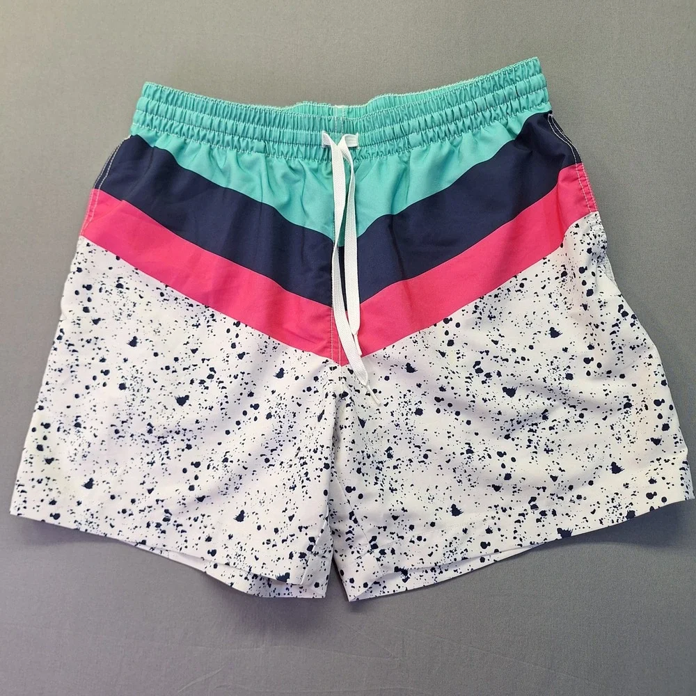 Chubbies Mens Swim Trunks Large 5.5 Inch Inseam Retro Stripe Splatter White